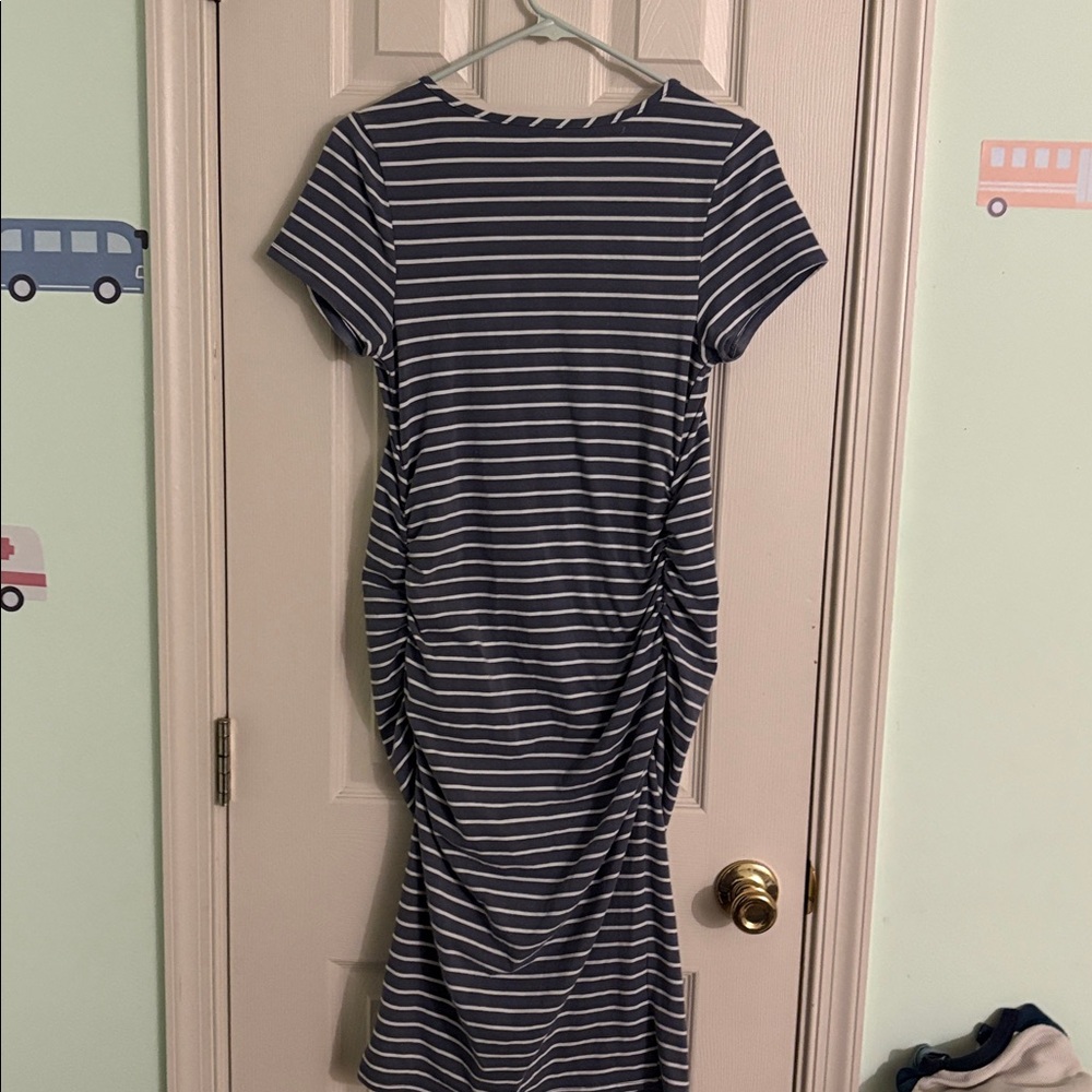 Striped Navy and White V-Neck Casual Maternity Midi Dress - Picture 4 of 5